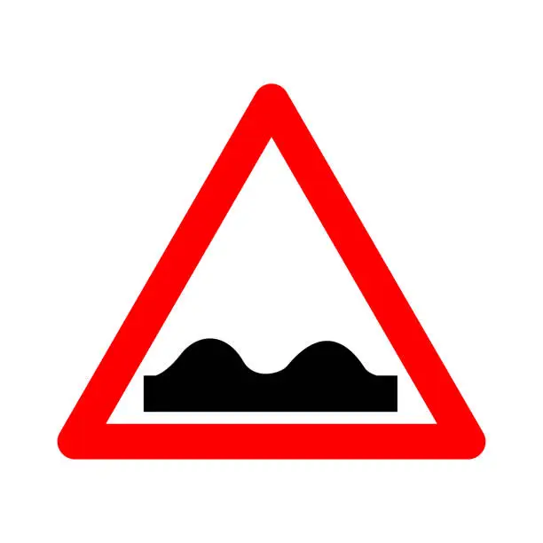 Vector illustration of Sign uneven road. Warning sign rough road. Red triangle sign with a silhouette of bumps inside. Caution when entering a road that has irregularities in the roadway. Road sign.