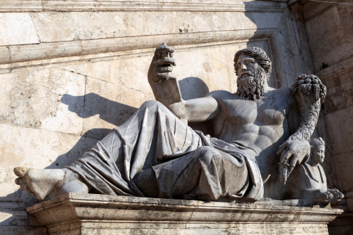 Italy, Rome: profile of the river god of the Nile in front of the facade of Palazzo Senatorio (Capitoline). Statue of the XVI c.