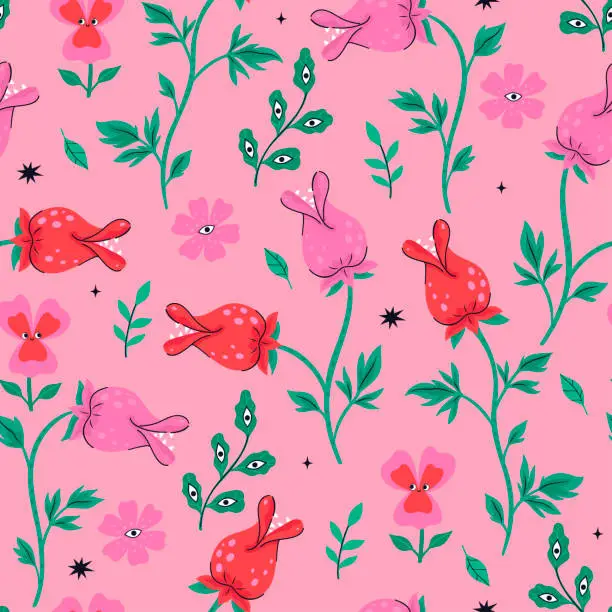 Vector illustration of Seamless pattern with monster flowers. Vector graphics.