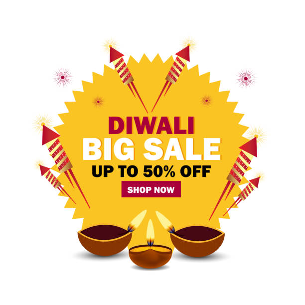 illustrations, cliparts, dessins animés et icônes de diwali big sale poster design avec 50% de réduction offerte, lampes à huile illuminées (diya) et fusées pétards - bumper stickers