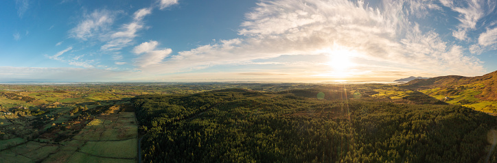 Aerial panoramic view of winter morning countryside, Northern Ireland