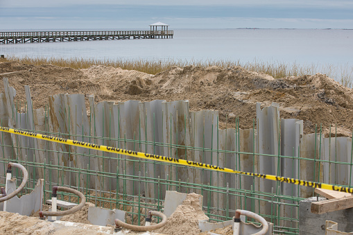 A coastal resiliency project during construction of a seawall on the shores of the Bay of Biloxi in Ocean Springs, Mississippi.