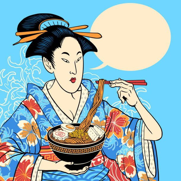 ilustracja plakatu japońskiej gejszy w kimonie jedzącym ramen - tattoo japanese culture women asian ethnicity stock illustrations