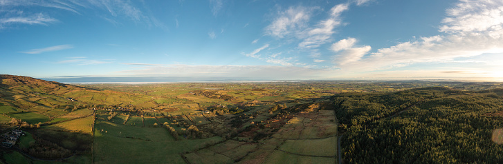 Aerial panoramic view of winter morning countryside, Northern Ireland