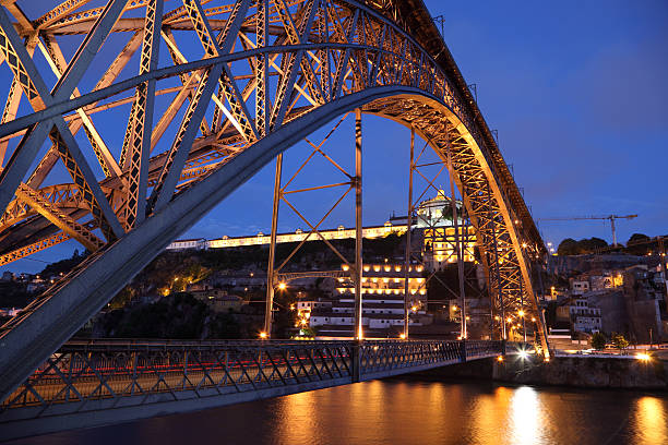 Dom Luis I bridge illuminated at night. Porto, Portugal