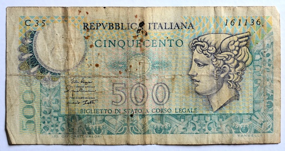 GIFFONI VALLE PIANA,ITALY - July 1,2023 : Old Italian 500 lire banknote.