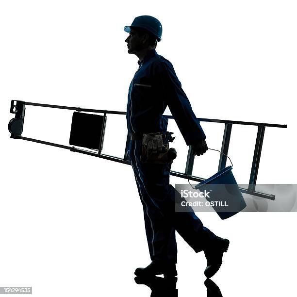 Reparación De Hombre Trabajador Ladder A Silhouette Foto de stock y más banco de imágenes de Silueta