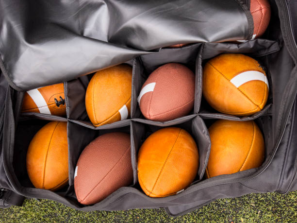 footballs - seam heap sport horizontal imagens e fotografias de stock