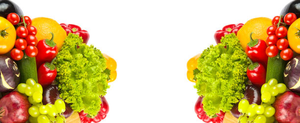 istock Fruits and vegetables isolated on white. Free space for text. Wide photo. collage. 1542959699