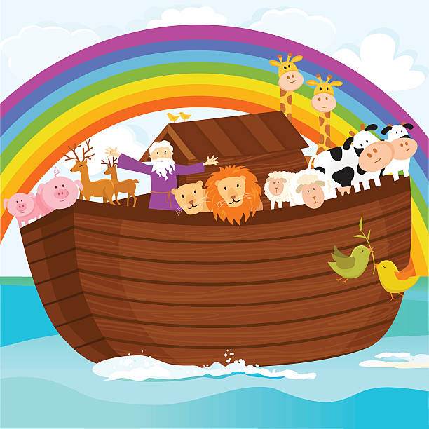 ilustraciones, imágenes clip art, dibujos animados e iconos de stock de noah del arca - ark ship cow pig