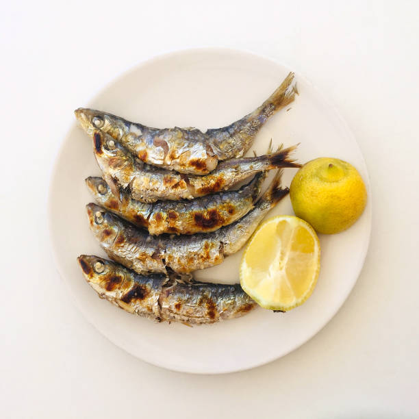 istock White round plate with roasted sardines on fire and sliced lemons on the table. Mediterranean cuisine. 1542983681