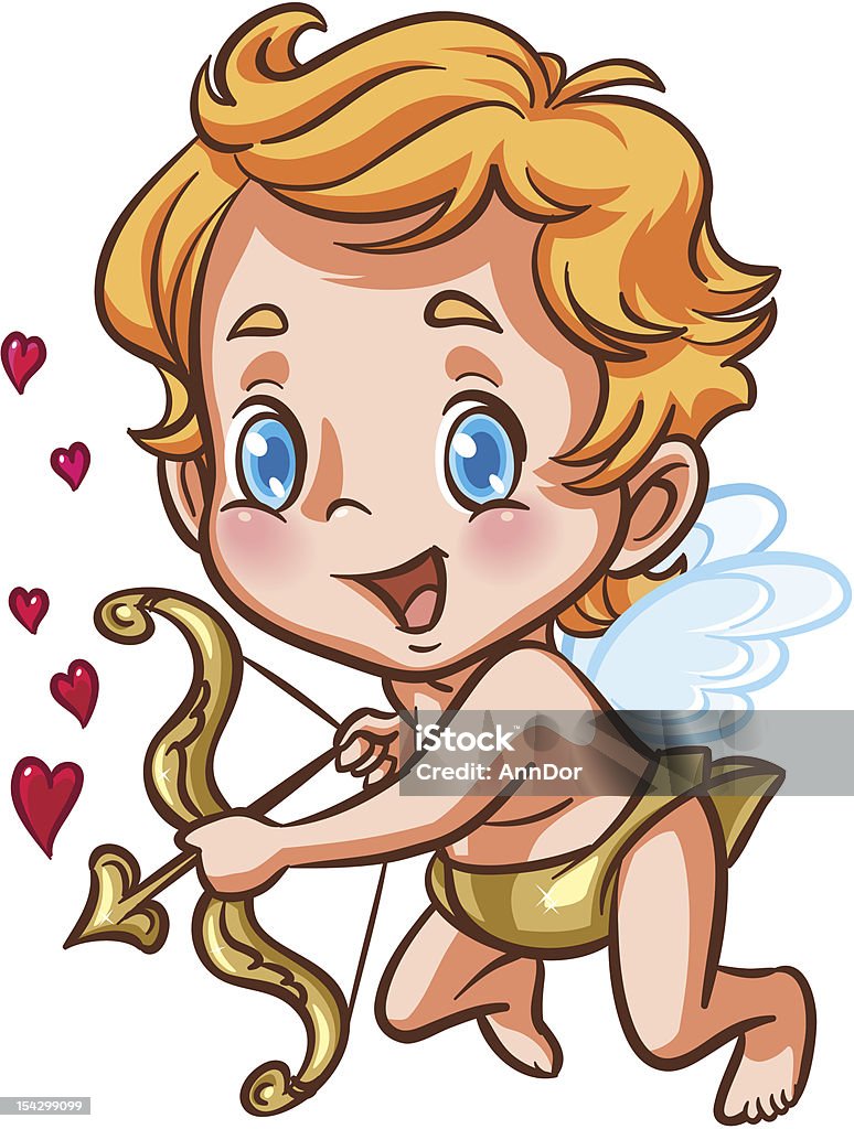 Happy Cupid with his bow Happily smiling Cupid flying with his bow and arrow of love emitting hearts. Lines and color fills are on separate layers. Cupid stock vector