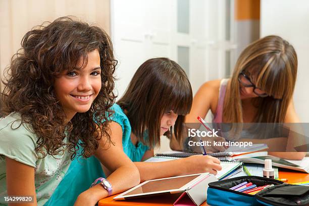 Portrait Of Teenage Girl With Friends Doing Homework Stock Photo - Download Image Now