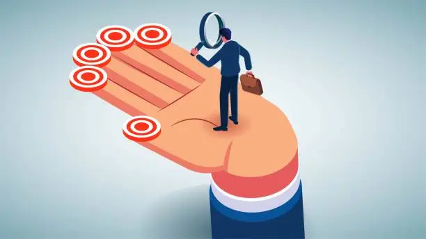 Vector illustration of Develop and analyze the objectives of the program, study the tasks and objectives given by the boss, the businessman with a magnifying glass to analyze the five targets on the five fingers of the big hand