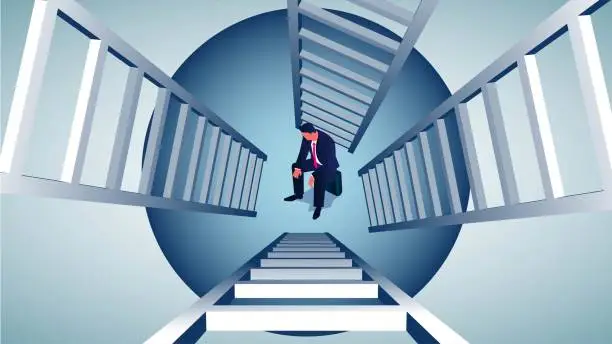 Vector illustration of Foolish businessman, self-abandonment or self-absorption, giving up on rescue, losing the idea or quest to solve the problem or get out of the situation, businessman trapped inside a trap but giving up on the ladder to climb up