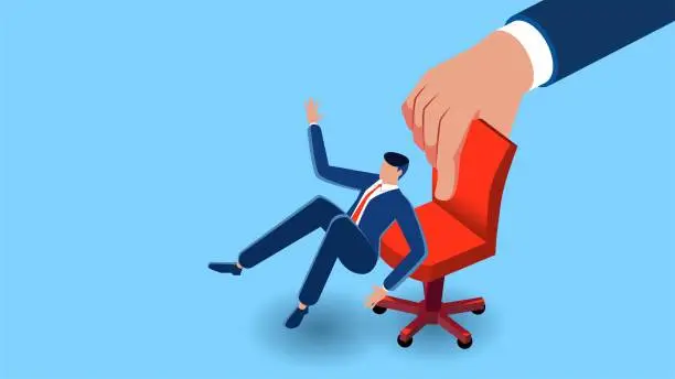 Vector illustration of Dismissal, layoff or unemployment, removal from office, penalty or punishment for business errors or failures, removal of the office chair in which the businessman was sitting