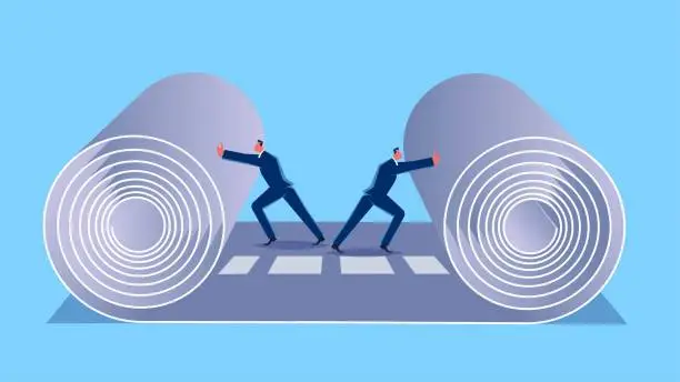 Vector illustration of Race or competition to pave the way, the process or competition to develop a business market, the process and efficiency of achieving success, two businessmen race to finish paving the way