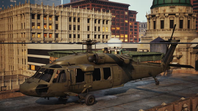 black war chopper in the city