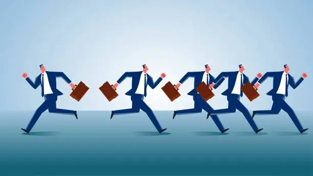 Vector illustration of Career choices, path choices, opportunities and decisions, different ideas or concepts, unique or distinctive businessmen, one group of businessmen running to the left and another group of businessmen running to the right
