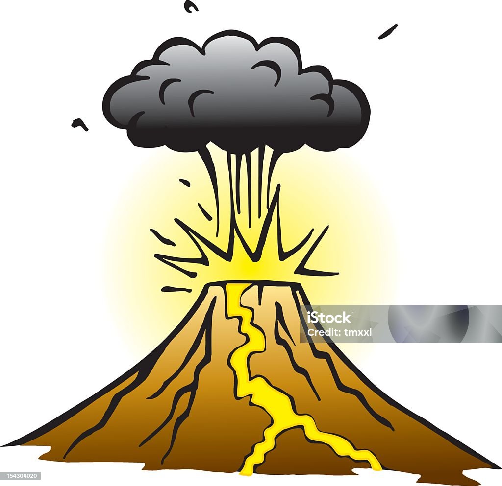 Cartoon Of Brown Volcano With Yellow Lava And Black Smoke Stock  Illustration - Download Image Now - iStock