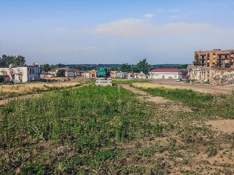 Destroyed Ploshcha 40-Yi Armiyi square in Trostyanets in the summer a year after the occupation by the russians, Sumy Oblast, Ukraine. Bombed town as a result of russia terrorist war in Ukraine 2022