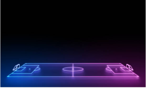 istock Vector illustration 3d render, neon soccer field scheme, football playground, virtual sportive game, pink blue glowing line. Isolated on black background. 1543053022