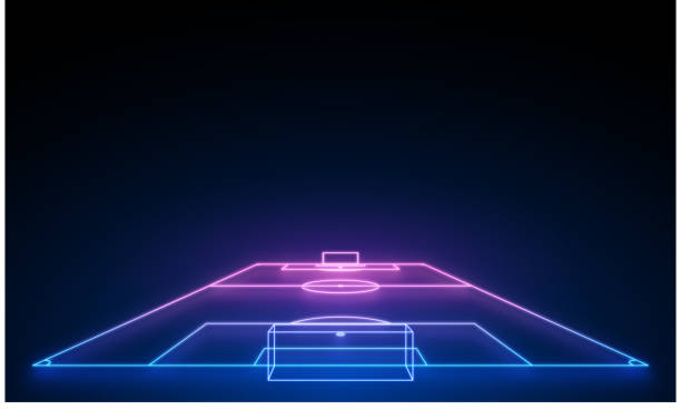 istock Vector illustration 3d render, neon soccer field scheme, football playground, virtual sportive game, pink blue glowing line. Isolated on black background. 1543053026