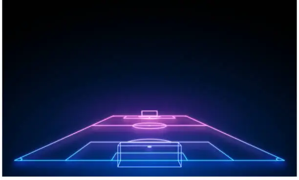 Vector illustration of Vector illustration 3d render, neon soccer field scheme, football playground, virtual sportive game, pink blue glowing line. Isolated on black background.