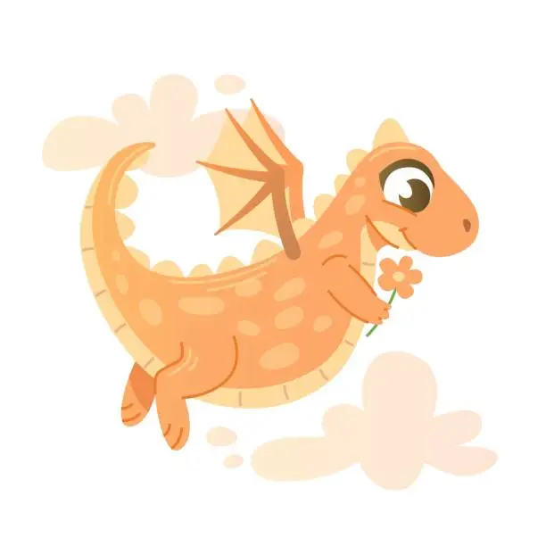 Vector illustration of Cute cartoon dragon is flying with a flower in his hands against the background of clouds.