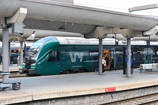 Oslo, Norway, July 6, 2023 - Stadler FLIRT regional train of VY Vossebane at Oslo Central Station (Oslo Sentralstasjon).