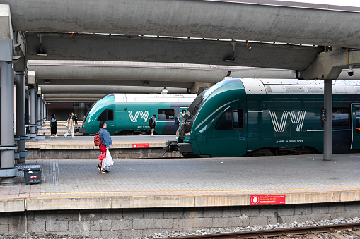 Oslo, Norway, July 6, 2023 - Stadler FLIRT regional trains of VY Vossebane at Oslo Central Station (Oslo Sentralstasjon).