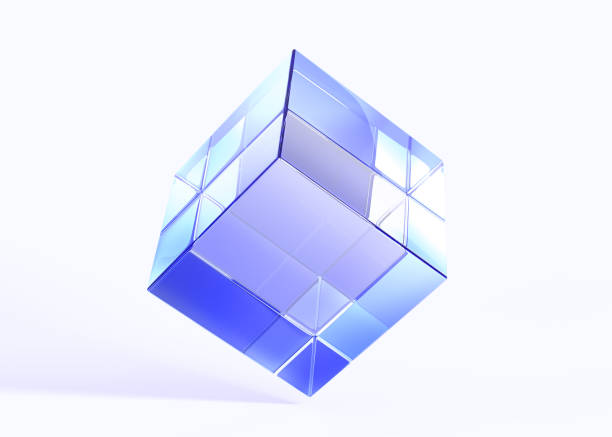 cubo traslucido in vetro, blocco di cristallo con texture sfumata ologramma, icona di rendering 3d. scatola quadrata trasparente con rifrazione della luce blu, forma geometrica astratta, elemento grafico isolato - sculpture art abstract white foto e immagini stock