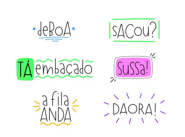 Vector illustration of Brazilian slang and jargon set. Translation - I am ok, Got it?, It is complicated, All good, Life goes' Round, Cool!