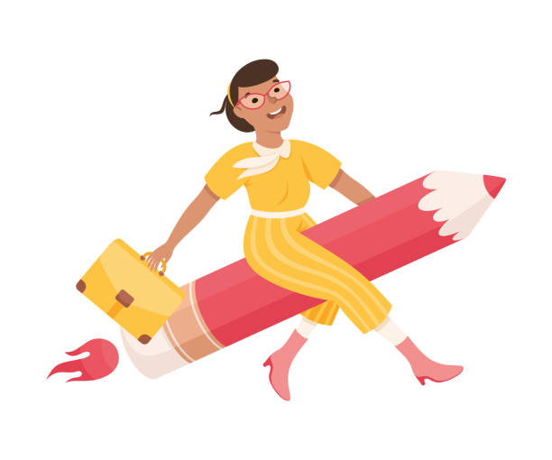 istock Successful businesswoman flying on pencil. Business success, creative idea, innovation, start up concept cartoon vector illustration 1543085133