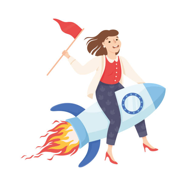 istock Businesswoman with flag flying on rocket. Business success, creative idea, innovation, start up concept cartoon vector illustration 1543085137