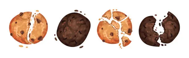 Vector illustration of Chocolate Cookies with Drops and Crumbs Vector Set