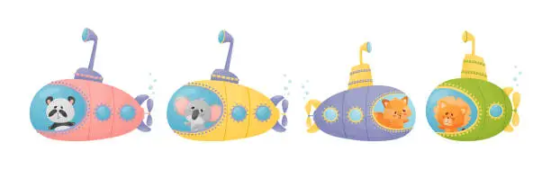 Vector illustration of Cute Animal Swimming Under Water on Submarine Vector Set