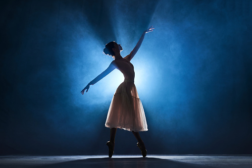 Silhouette of tender, graceful young woman, ballerina performing, dancing over dark blue background with spotlight. Concept of art, classical ballet, creativity, choreography, beauty, ad