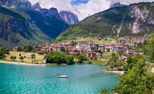 Most scenic mountain lakes in northern Italy - beautiful Molveno in Trento, Trentino Alto Adige region
