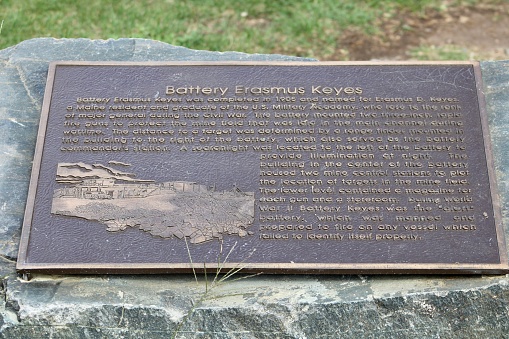 Cape Elizabeth, ME, USA, 9.1.22 - The historical marker at the public park describing the history of Battery Keyes.