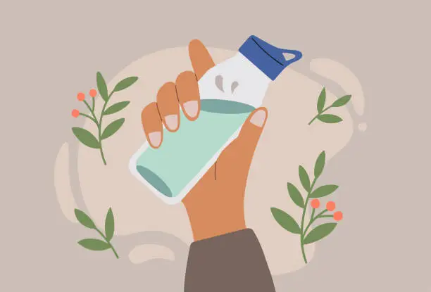 Vector illustration of Hand holding water bottle. Reusable fitness bottle for water. Plastic free, zero waste concept. World Environment day and Earth day concept.