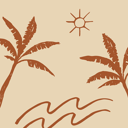 Tropical landscape background for banner, template, postcard, card, web, print, polygraph, label, template. Hand drawn vector backdrop illustration with palm trees waves, sun. Boho style marina motive. Design element