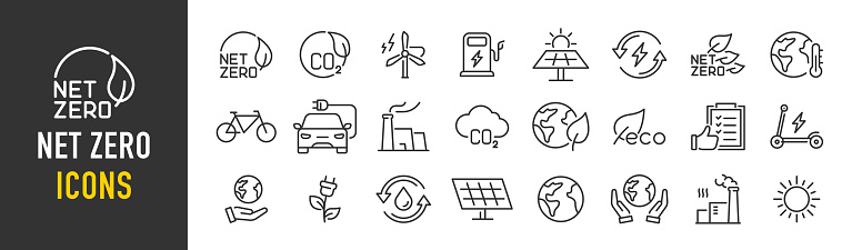 Net Zero web icons in line style. Green energy, CO2 neutral, gas emissions, climate, ecology, collection. Vector illustration.