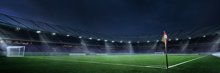 3D image of empty american football, soccer stadium with flashlights, field lines and gates. Tournament place. Concept of professional sport, competition playground