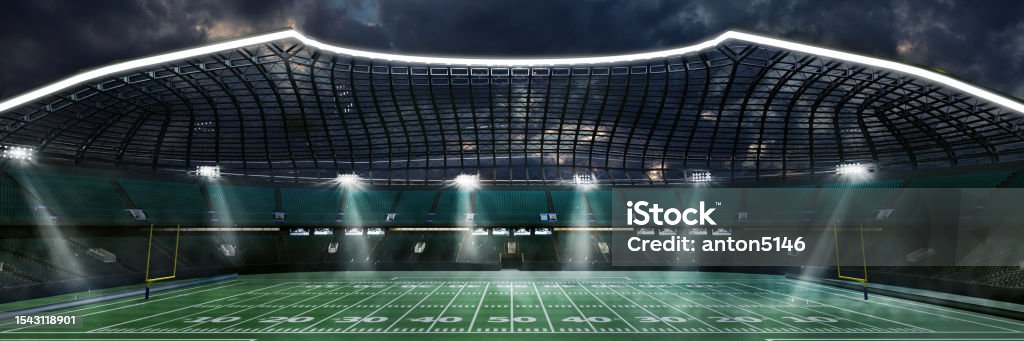 3D image of empty american football stadium with flashlights, field lines and gates. Tournament place 3D image of empty american football stadium with flashlights, field lines and gates. Tournament place. Concept of professional sport, competition playground American Football - Sport Stock Photo