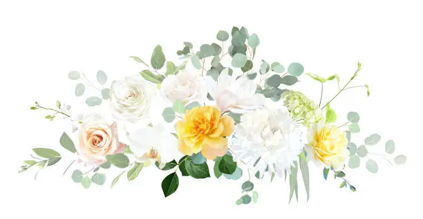 Vector illustration of Yellow rose, ivory dahlia, green hydrangea, magnolia, orchid, spring garden flowers, emerald greenery, eucalyptus