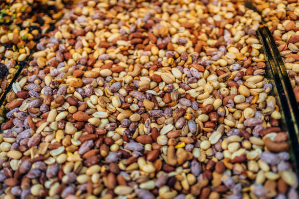 Various mixed dried nuts on the street market stand in Istanbul, Turkey
