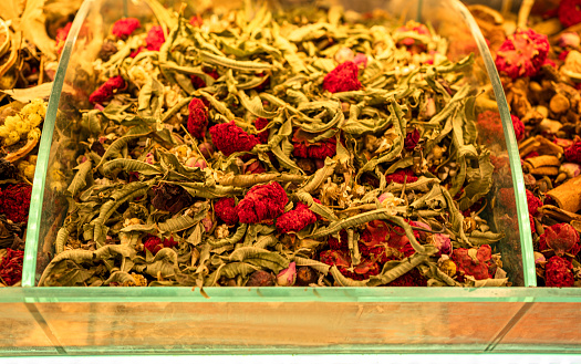 Various tea leaves at Grand Bazaar In Istanbul, Turkey