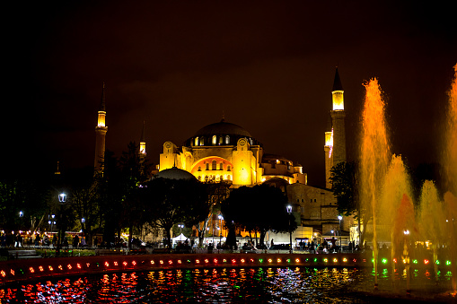 Hagia Sophia or Ayasofya Mosque in Istanbul at night, Turkey