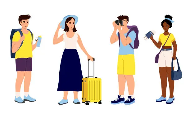 Vector illustration of Vector set of tourists with backpacks, suitcase, bags, camera on a white background.